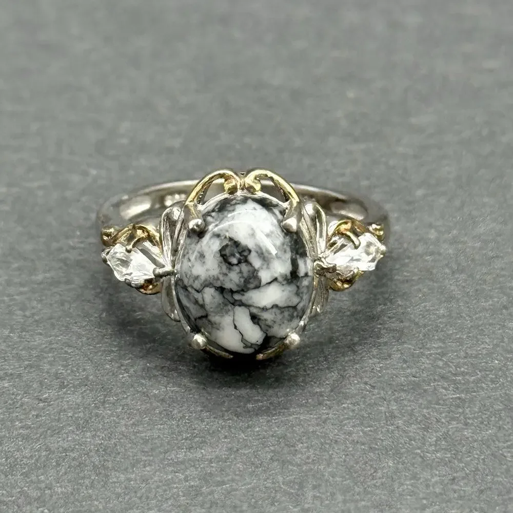 STS Signed 925 Sterling Silver Pinolith Jasper White Buffalo 3-Stone Size 9